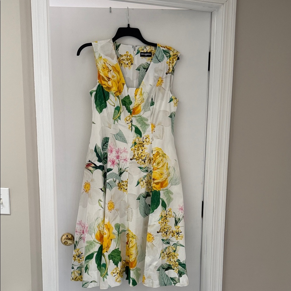 Karl Lagerfeld Floral Midi Dress in White with Yellow and Green